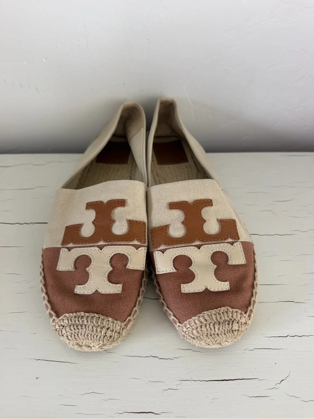Tory Burch Double T Logo Canvas Espadrille Flats Brown Cream Size 9